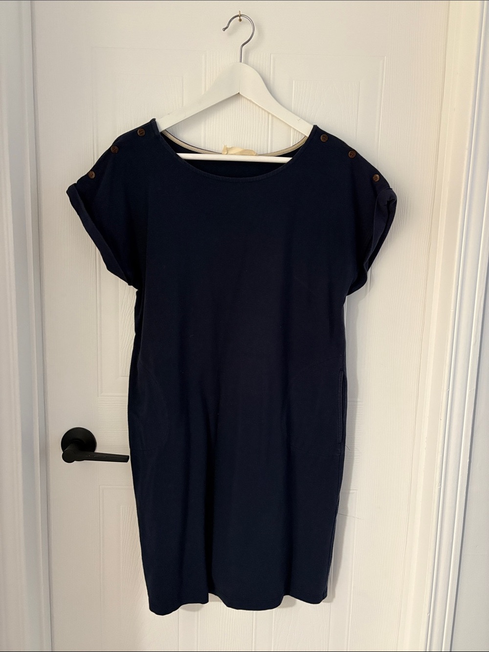 Classic Navy Midi Dress with Button-Shoulder Detail